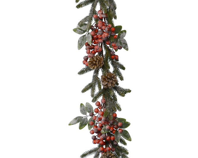 Kaemingk Garland Snowy Pine Cones Red Berries 176cm