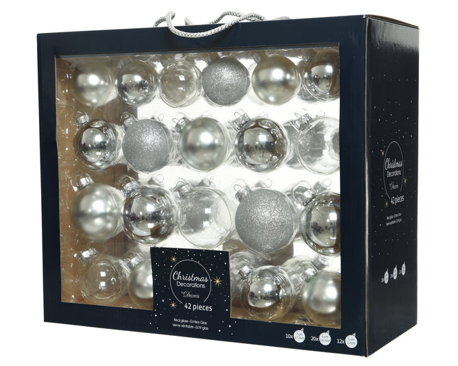 Box Of 42 Silver Mixed, Shiny, Matt & Glitter Baubles