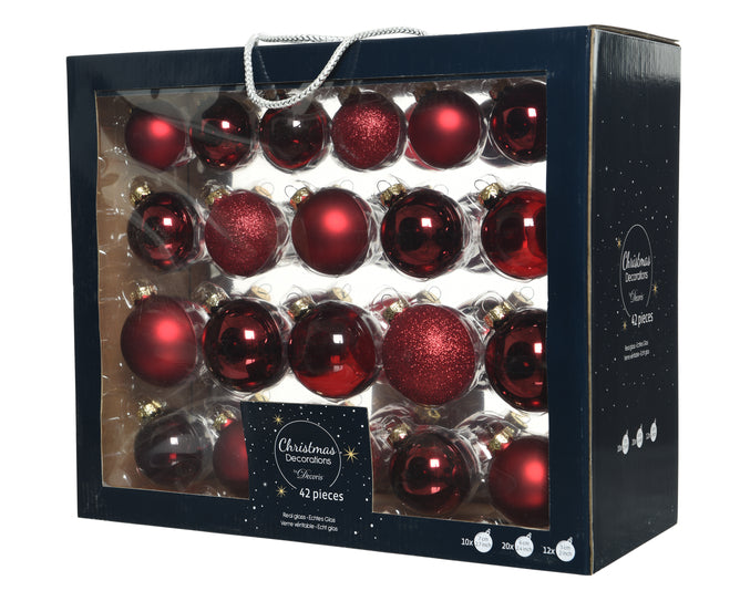Box Of 42 Oxblood Mixed, Shiny, Matt & Glitter Baubles