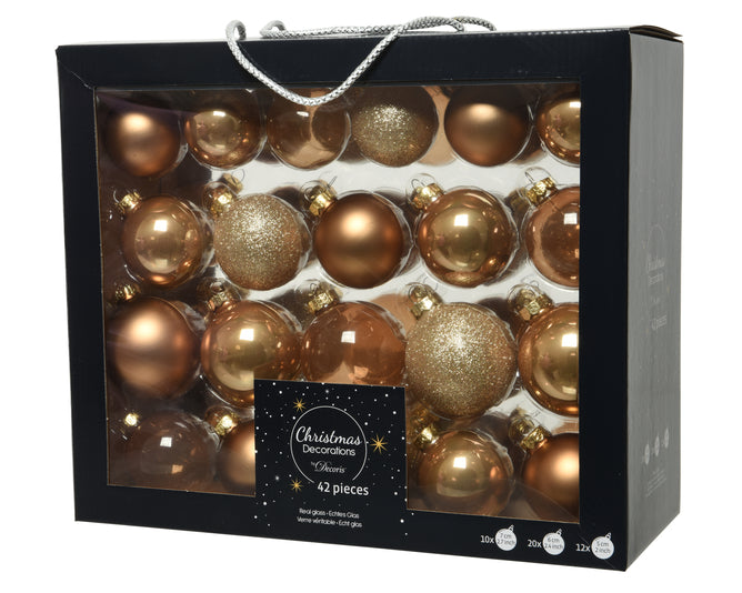 Box Of 42 Caramel Brown Mixed, Shiny, Matt & Glitter Baubles
