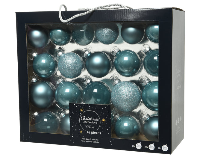 Box Of 42 Blue Dawn, Mixed, Shiny, Matt & Glitter Baubles