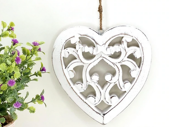 White Filigree Chunky Hanging Wooden Heart