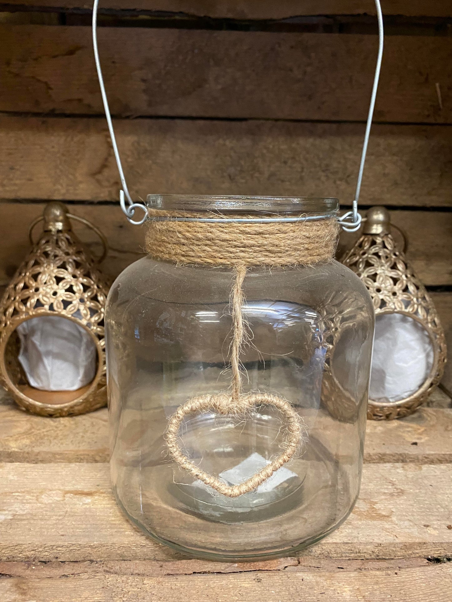 Gisela Graham Clear Glass Large Tea-Light Holder With Rope Heart Charm