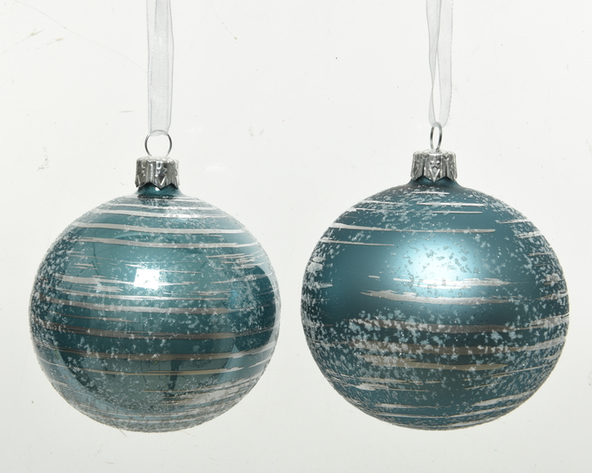 Kaemingk Bauble Glass Silver Brush Stripes with Sponged Ballotine Blue Dawn