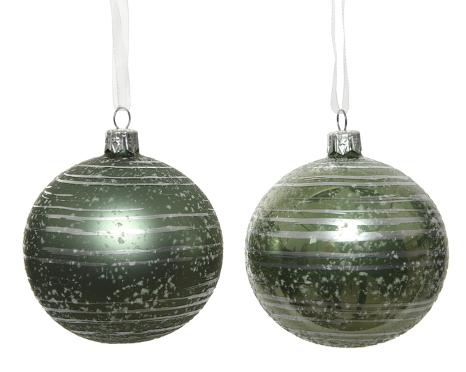 Kaemingk Bauble Glass Silver Brush Stripes with Sponged Ballotine Sage Green