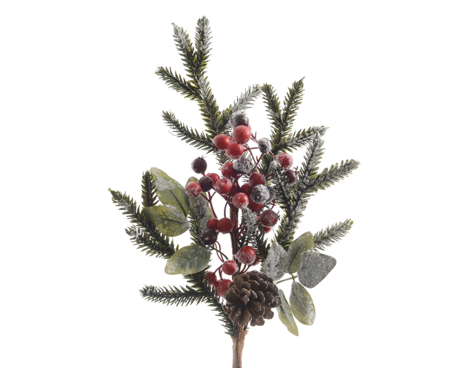 Kaemingk Spray Snowy Red Berries Pine Cones 40cm