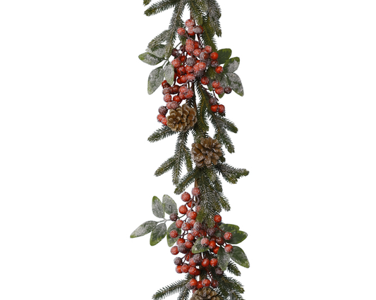 Kaemingk Garland Snowy Pine Cones Red Berries 176cm