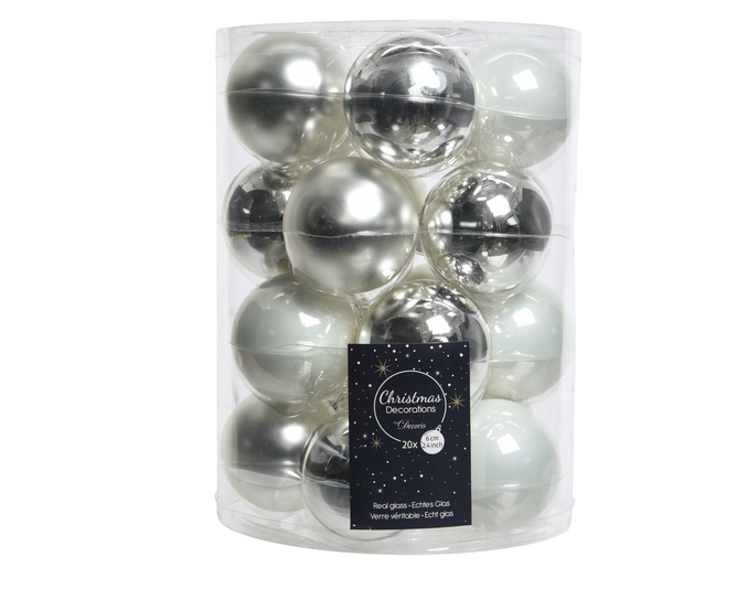 Kaemingk Glass Bauble White Silver Mix Tube 20