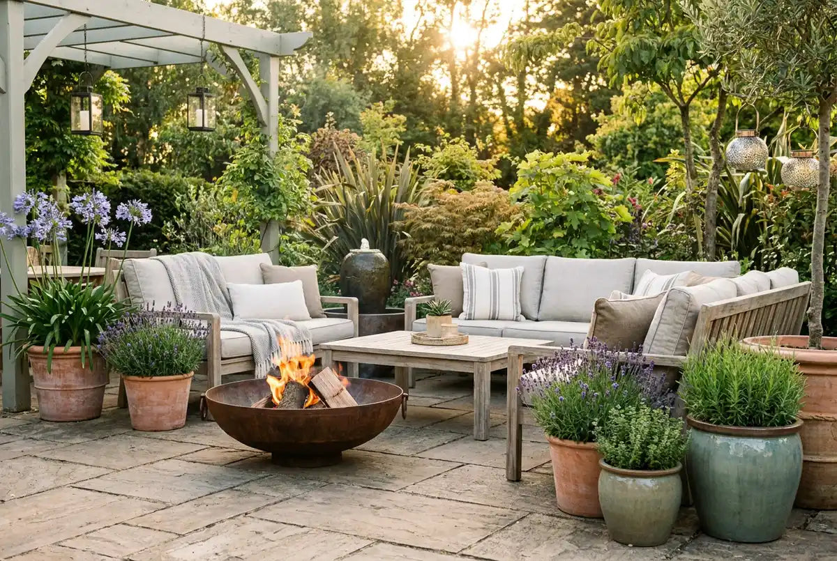 Beautiful outdoor living patio with garden furniture