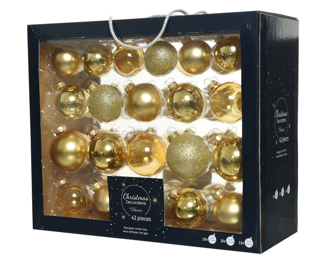 Box Of 42 Gold Mixed, Shiny, Matt & Glitter Baubles