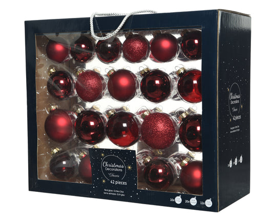 Box Of 42 Oxblood Mixed, Shiny, Matt & Glitter Baubles