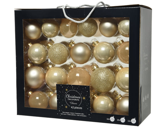 Box Of 42 Light Gold Mixed, Shiny, Matt & Glitter Baubles
