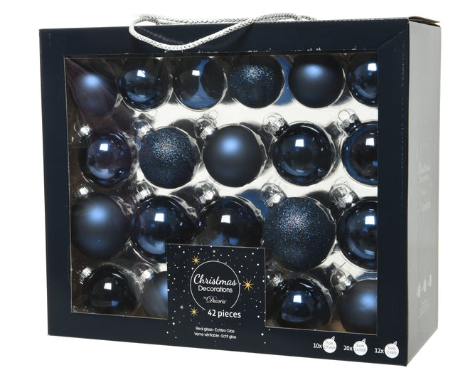 Box Of 42 Night Blue Mixed, Shiny, Matt & Glitter Baubles