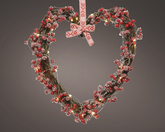 Micro LED Heart Wreath With Red Berries