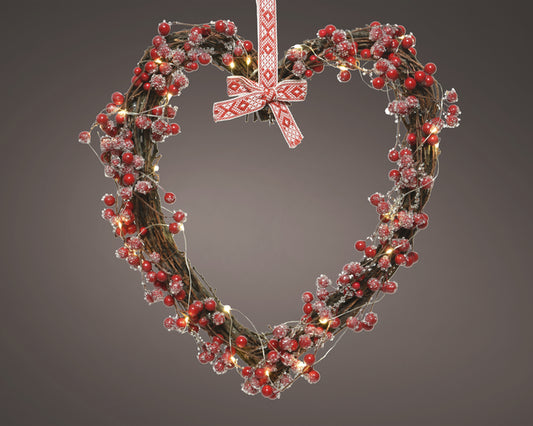 Micro LED Heart Wreath With Red Berries