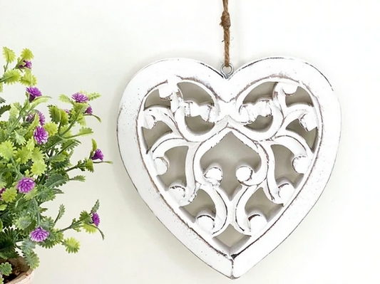 White Filigree Chunky Hanging Wooden Heart