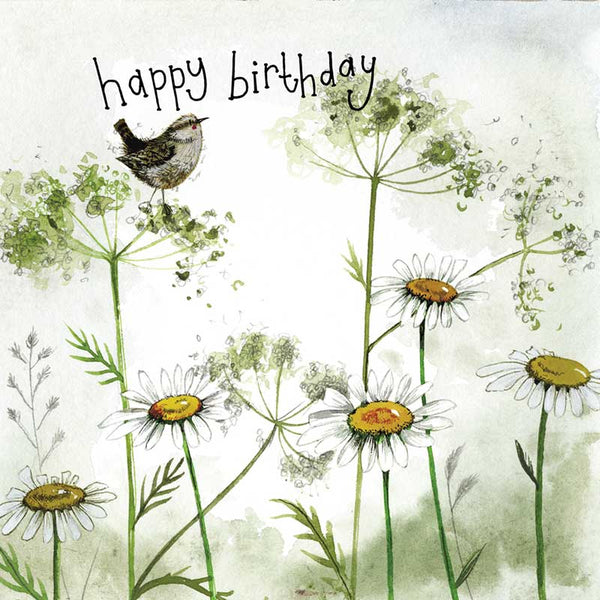 Starlight Wren and Daisies Birthday Card